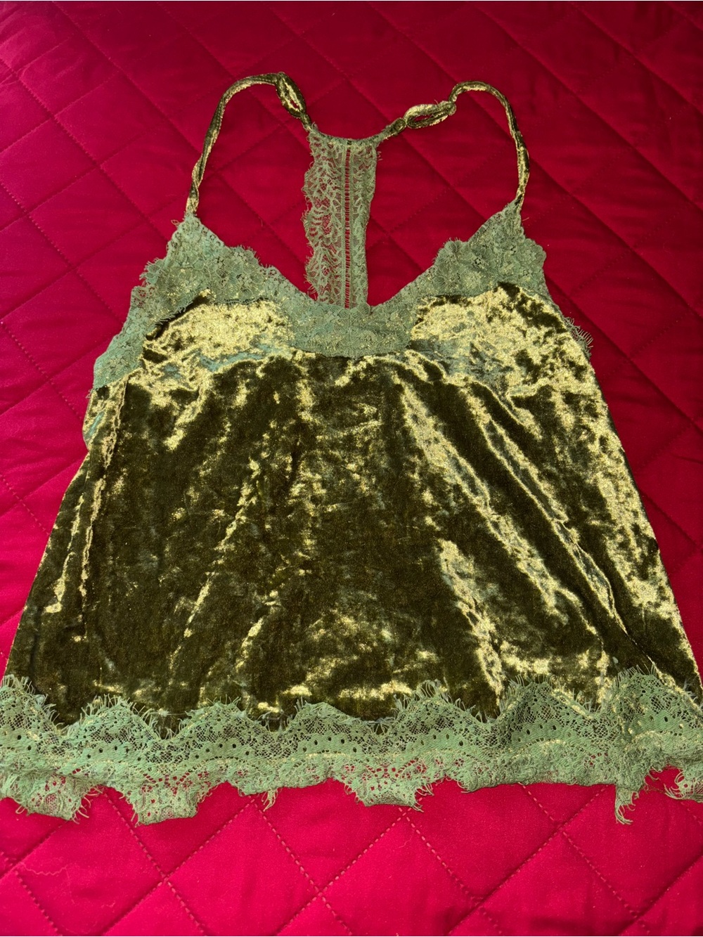 Women's Lace Trim Velvet Cami Tank - Olive Green